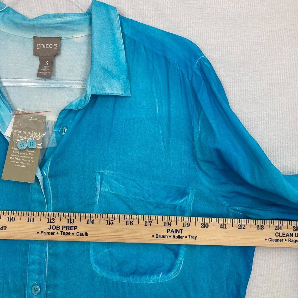 New Chico's Blue Aqua Color‎ Spray Ultra Soft Flowy Button Down XL/3 Preppy - Picture 7 of 12